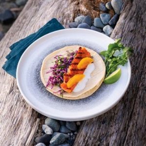 salmon tacos with red cabbage and orange slaw with lime yogurt